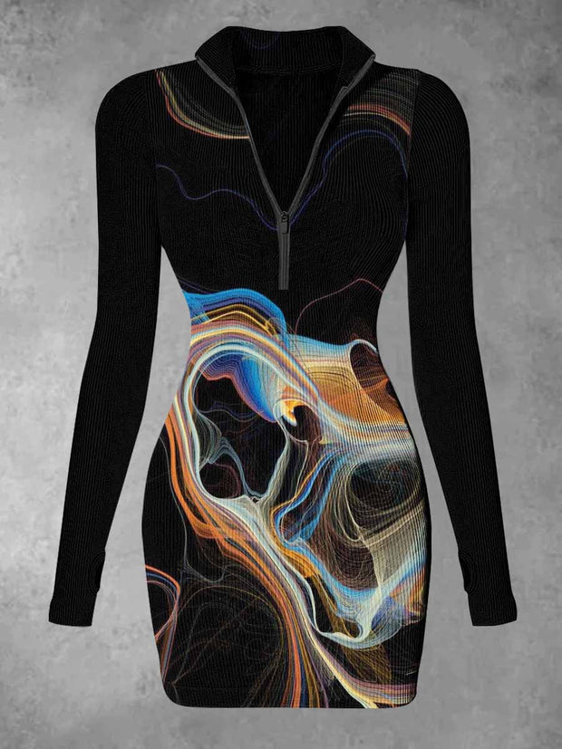 Women's Abstract Lines Print Casual Long Sleeve Mini Dress