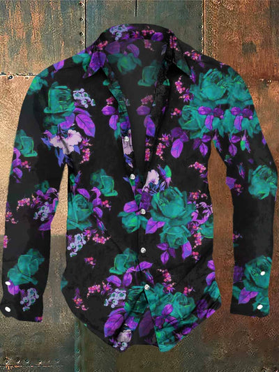 Men's Retro Dark Style Fantasy Flowers Print Casual Vintage Shirt