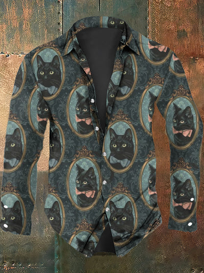 Men's Retro Cat Print Casual Long Sleeve Shirt