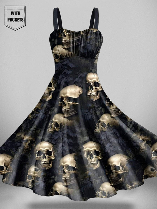 Vintage Skulls Halloween Print Backless Dress With Pockets