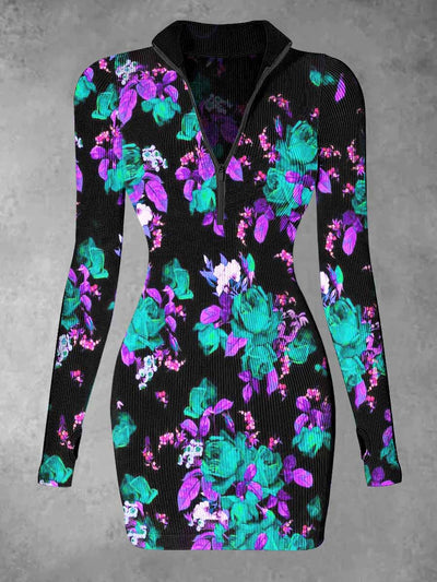 Women's Fantasy Flowers Print Casual Long Sleeve Mini Dress