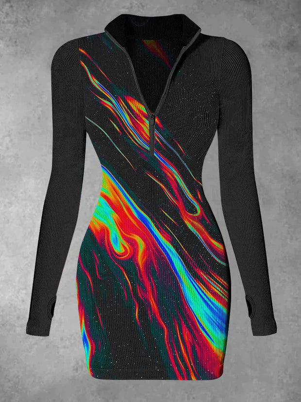 Women's Rainbow Color Abstract Print Casual Long Sleeve Mini Dress