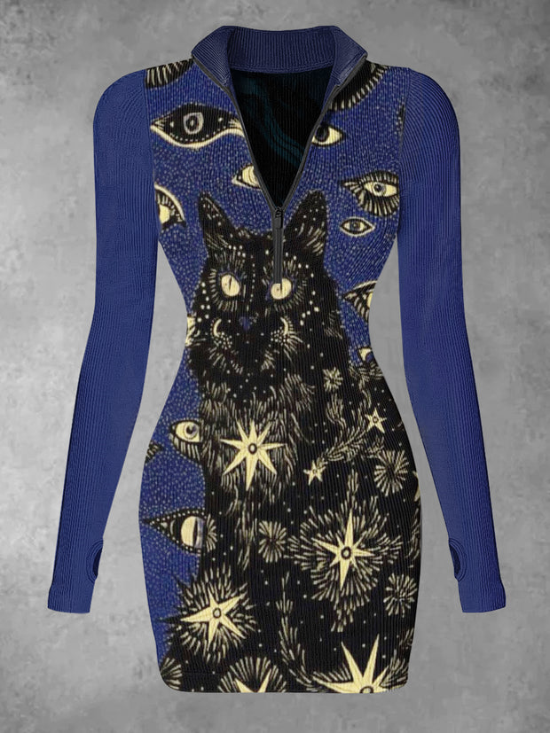 Women's Abstract Cat Print Halloween Casual Long Sleeve Mini Dress