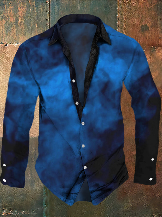 Men's Retro Blue Fog Print Casual Shirt Long Sleeve