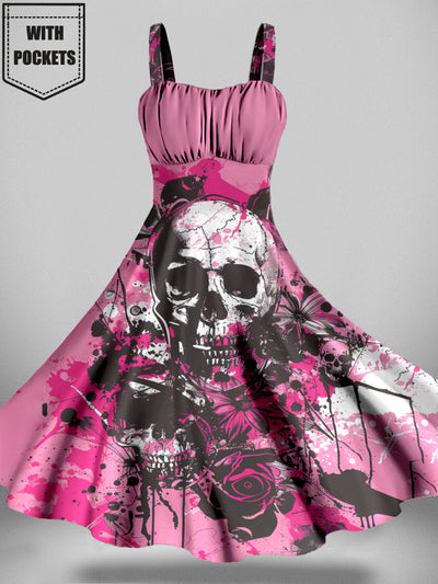 Punk Style Rose And Skull Print Sleeveless Midi Dress With Pockets