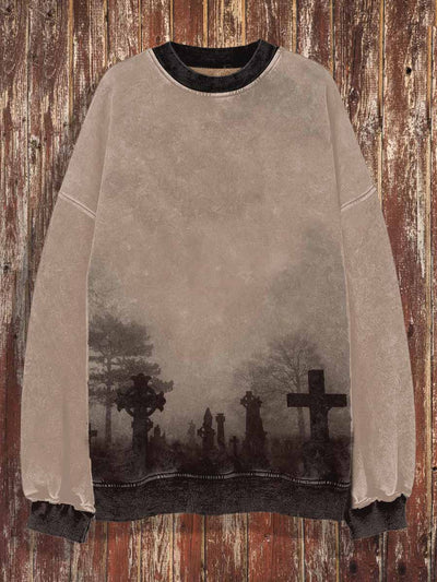 Unisex Cemetery Print Halloween Crew Neck Casual Sweatshirt