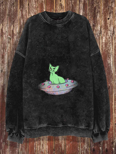 Unisex UFO Cat Print Crew Neck Casual Sweatshirt