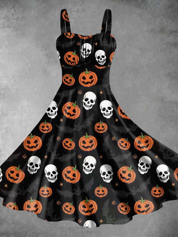 Women's Halloween Pumpkin Skull Print Suspender Dress