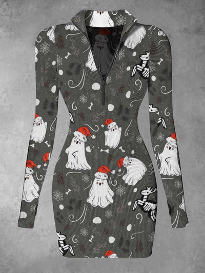 Women's Christmas Ghost Print Casual Long Sleeve Mini Dress