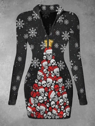 Women's Skull Christmas Tree Print Casual Long Sleeve Mini Dress