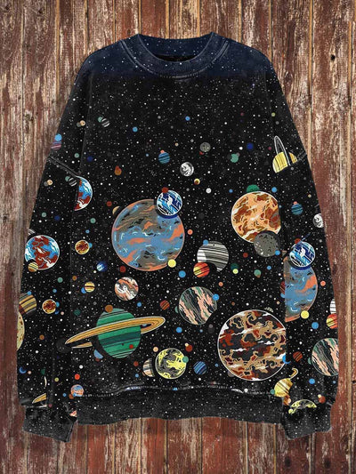 Unisex Cartoon Starry Sky Print Crew Neck Casual Sweatshirt