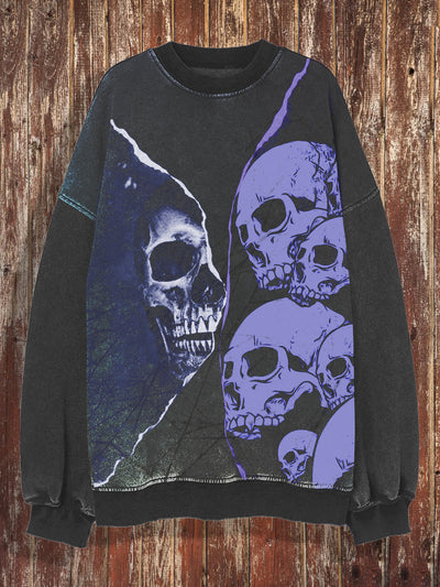 Unisex Skull Retro Round Neck Hoodie Loose Long Sleeved Sweatshirt