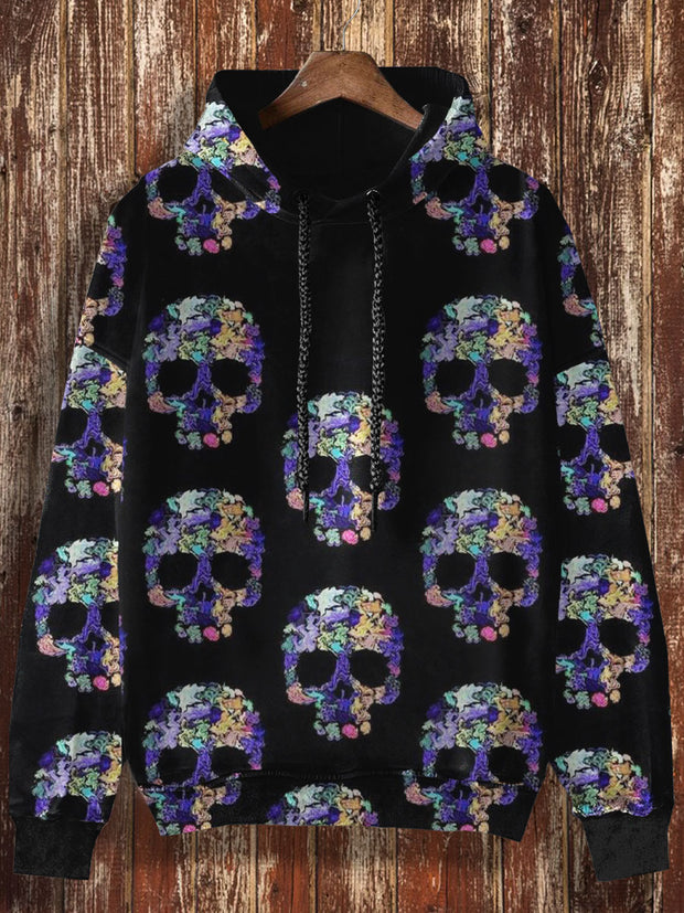 Unisex Floral-Skull Print Halloween Casual Hooded Sweatshirt