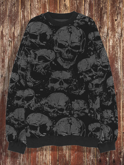 Unisex Halloween Skull Retro Round Neck Loose Long Sleeved Sweatshirt