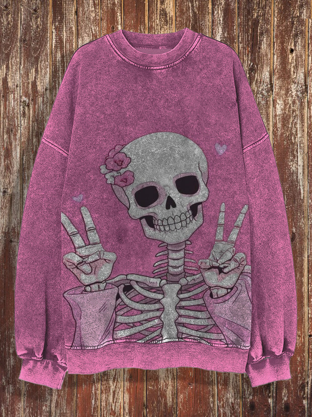 Unisex Skull Retro Round Neck Hoodie Loose Long Sleeved Sweatshirt