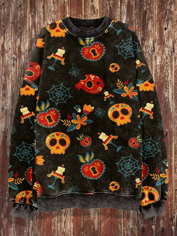 Unisex Mexican Skull Print Halloween Crew Neck Casual Sweatshirt