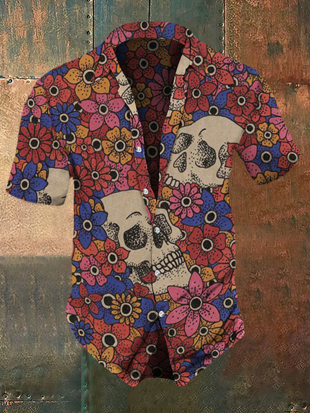 Men's Retro Dark Style Skull And Flowers Print Casual Vintage Shirt