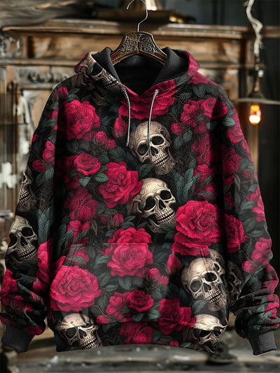 Unisex Dark Skull Print Halloween Hooded Sweatshirt With Pocket