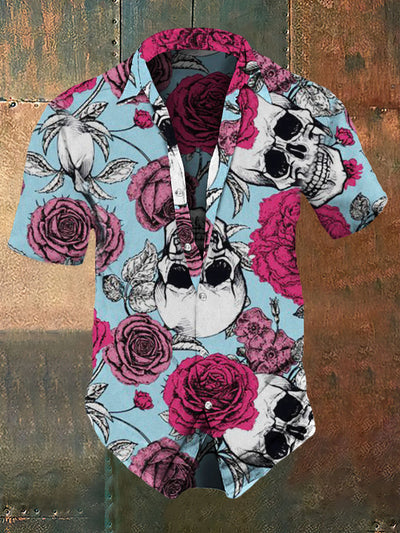 Men's Retro Dark Style Skull Peony Print Casual Vintage Shirt