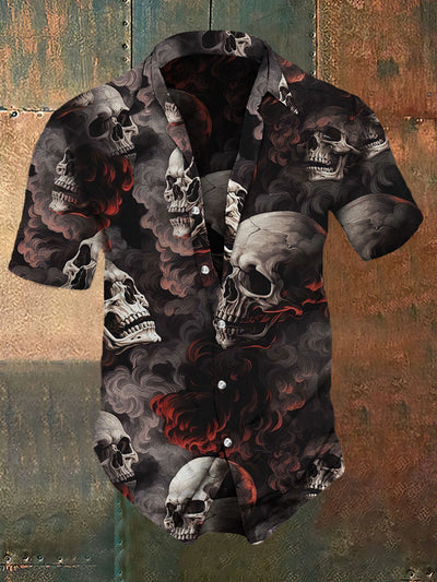 Men's Retro Dark Style Skull And Fog Print Casual Vintage Shirt