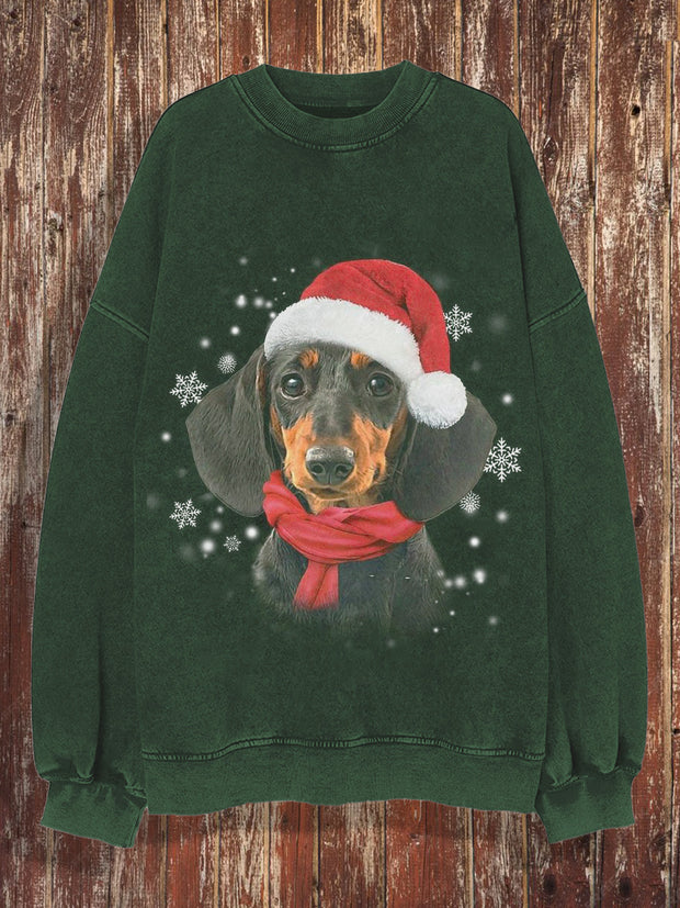 Unisex Christmas cute little dog round neck   fashionable loose long sleeved sweatshirt