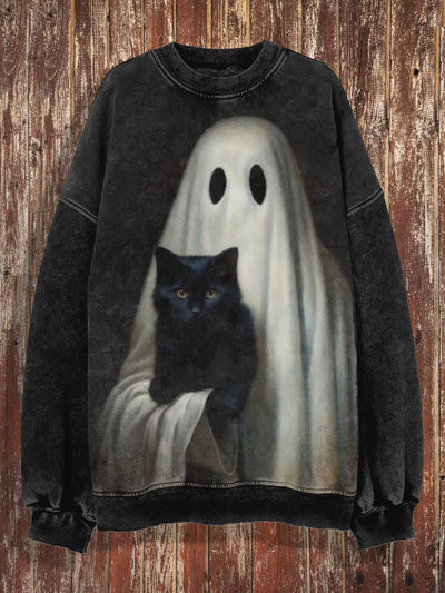 Unisex Ghost And Cat Print Halloween Crew Neck Casual Sweatshirt