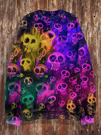 Unisex Colorful Skulls Print Halloween Crew Neck Casual Sweatshirt