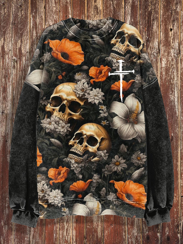 Unisex Skulls Flowers Cross Print Crew Neck Casual Sweatshirt