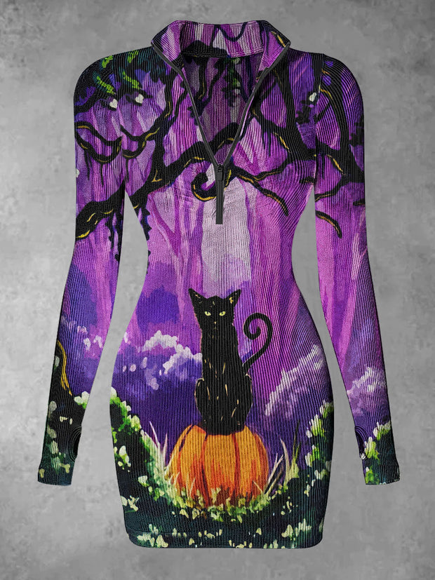 Women's Black Cat Pumpkin Print Casual Long Sleeve Mini Dress