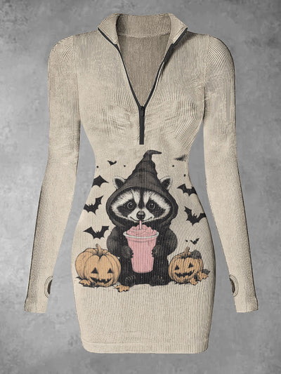 Women's Raccoon And Pumpkin Print Casual Long Sleeve Mini Dress