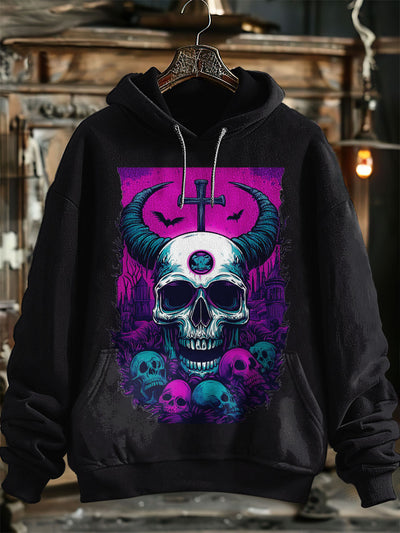 Unisex Sheephorn Skull Print Halloween Hooded Sweatshirt With Pocket