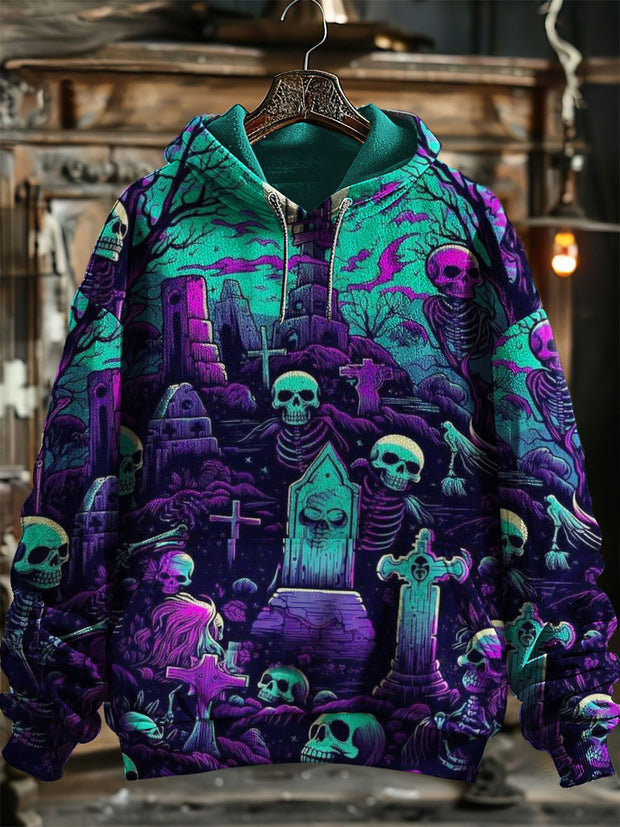 Unisex Cemetery Skull Print Halloween Hooded Sweatshirt With Pocket