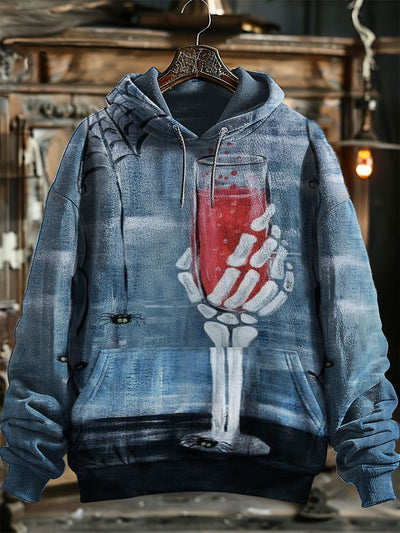 Unisex Skull And Wine Print Hooded Sweatshirt With Pocket