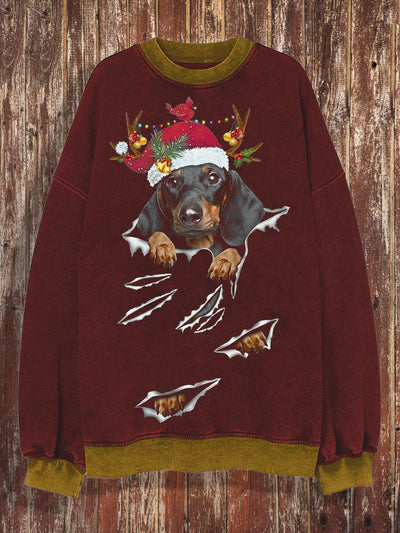 Unisex Christmas cute little dog round neck   fashionable loose long sleeved sweatshirt