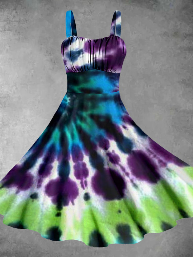 Vintage Abstract Tie-Dye Halloween Print Midi Dress