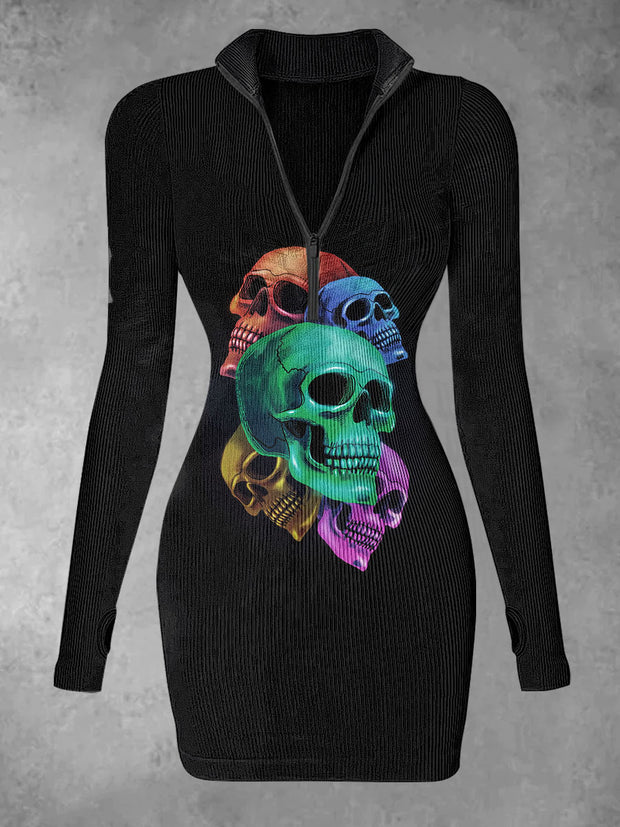 Women's Color Skull Print Casual Long Sleeve Mini Dress