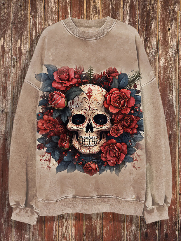 Unisex Skull And Rose Print Crew Neck Casual Sweatshirt