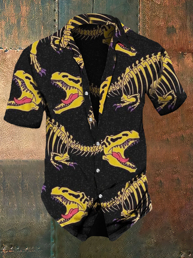 Men's Retro Dark Style Halloween Dinosaur Print Shirt