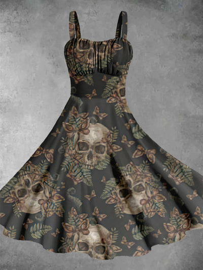 Vintage Skull Butterfly Halloween Print Midi Dress