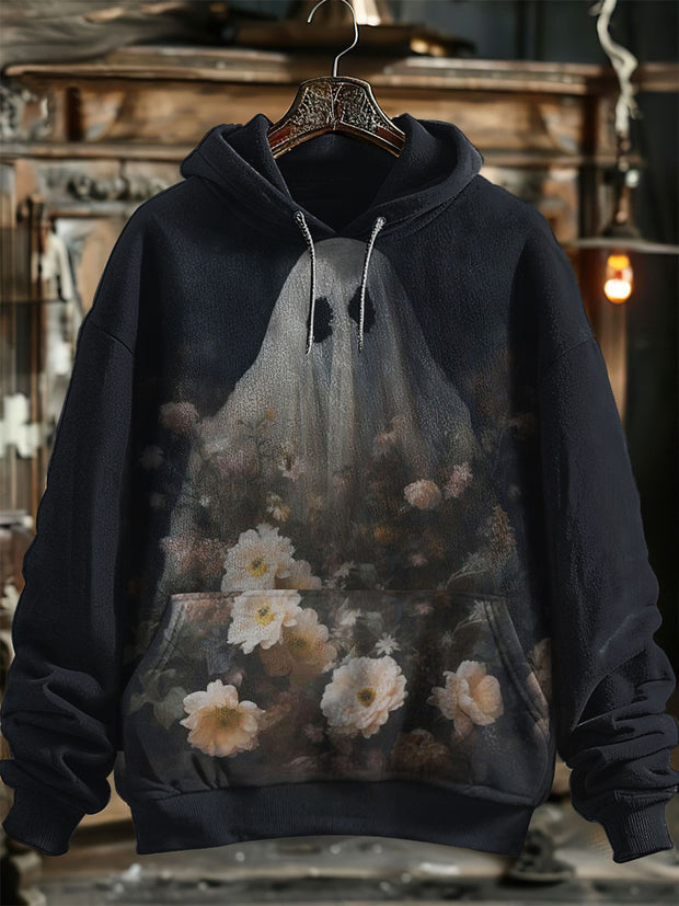 Unisex Fantasy Ghost Floral Print Halloween Hooded Sweatshirt With Pocket