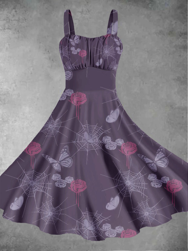 Women's Sleeveless Butterfly Rose Spider Web Art Summer Dress