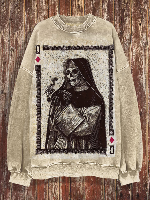 Unisex Poker Skull Print Halloween Crew Neck Casual Sweatshirt