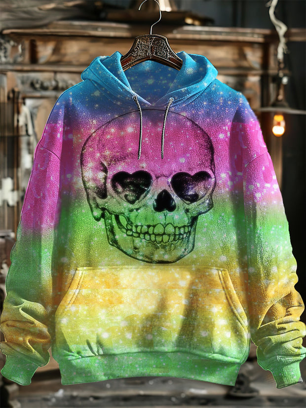 Unisex Rainbow Skull Print Halloween Hooded Sweatshirt With Pocket