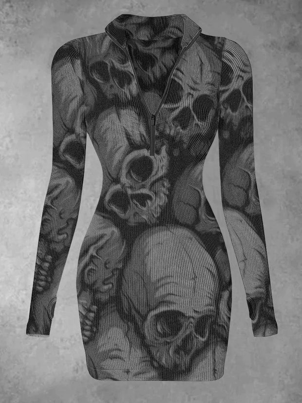 Women's Skull Abstract Print Casual Long Sleeve Mini Dress