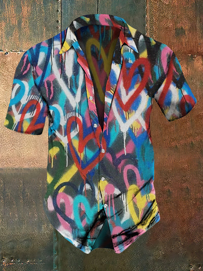 Men's Retro Dark Style Colorful Heart Print Casual Vintage Shirt