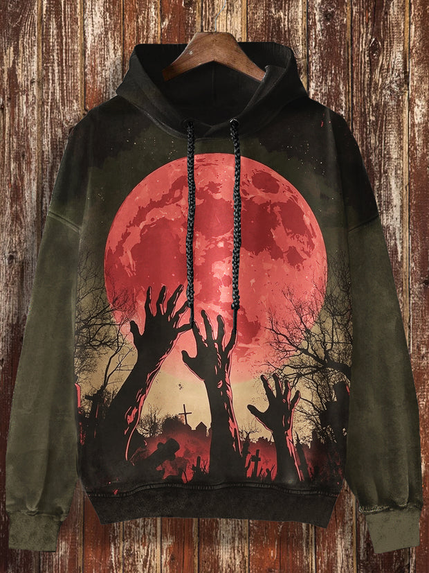 Unisex Blood Moon Print Halloween Casual Hooded Sweatshirt