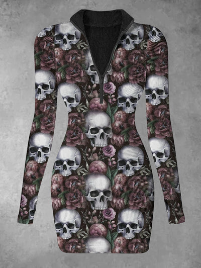 Women's Rose Skull Abstract Print Casual Long Sleeve Mini Dress