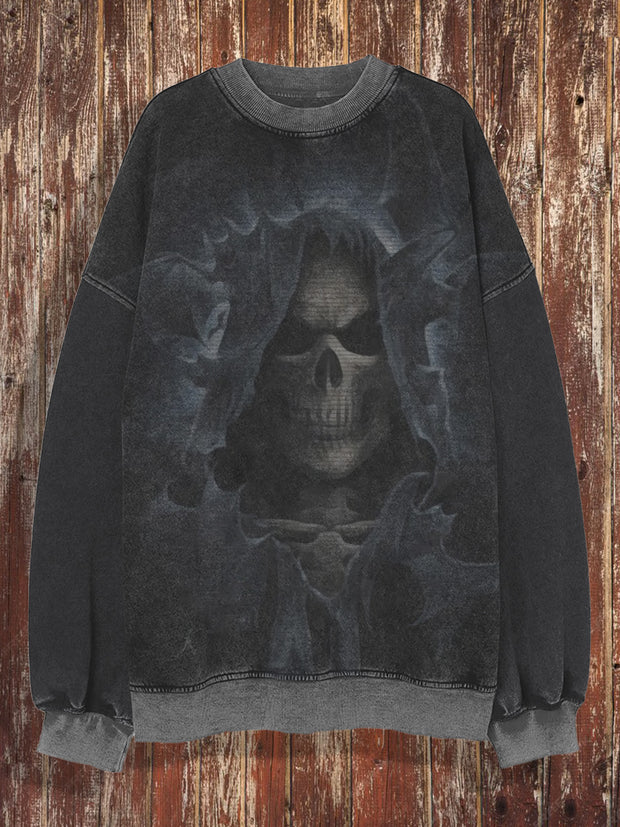 Unisex skull retro printed round neck casual long sleeved sweatshirt