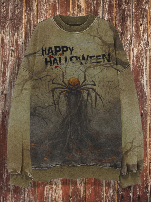 Unisex Halloween spider retro printed round neck casual long sleeved sweatshirt