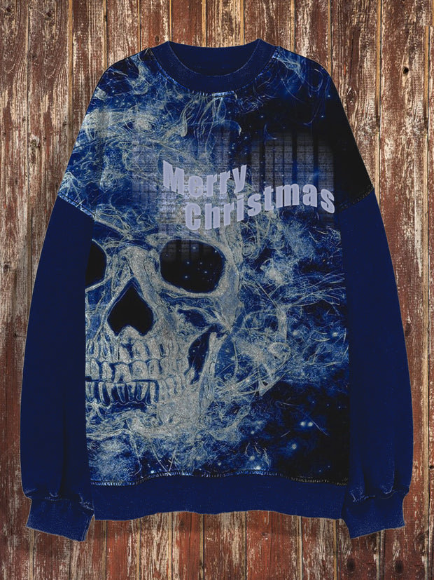 Unisex Christmas skull retro print round neck casual long sleeved sweatshirt